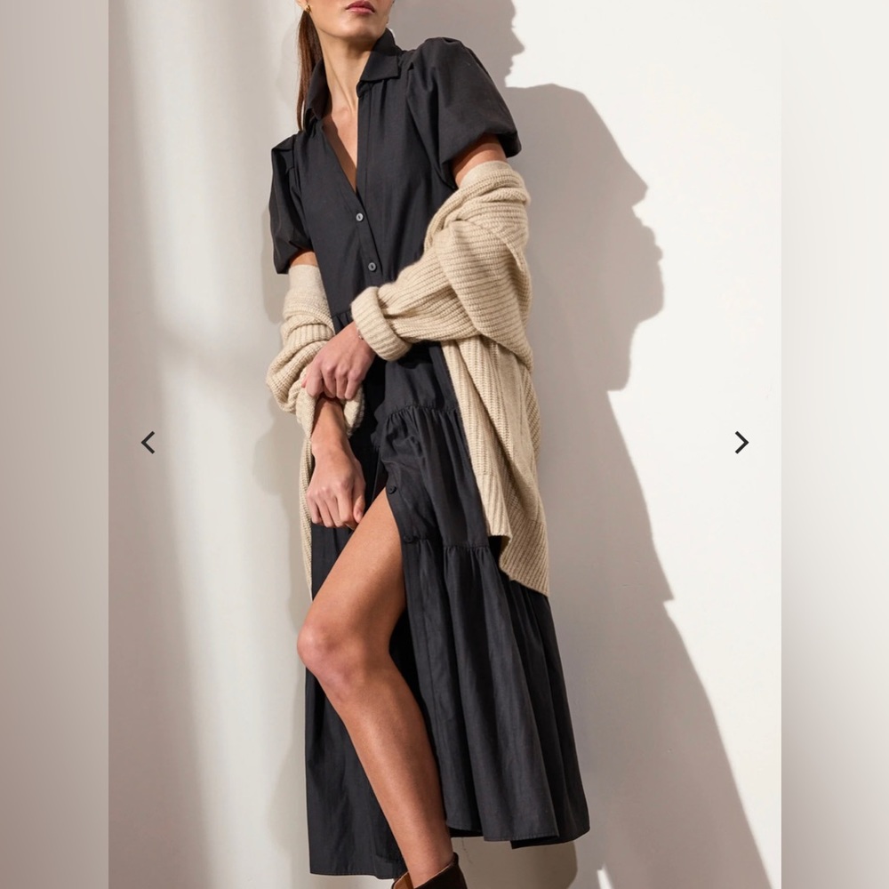 Brochu Walker Black Tiered Midi Shirt Dress with Puff Sleeves